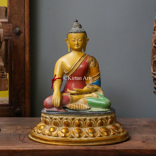 Hand-Painted Brass Buddha Statue in Earth-Touching Mudra 13.5"