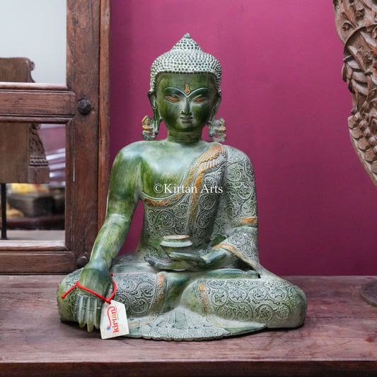 Green Patina Brass Buddha Statue with Floral Engraving 17"