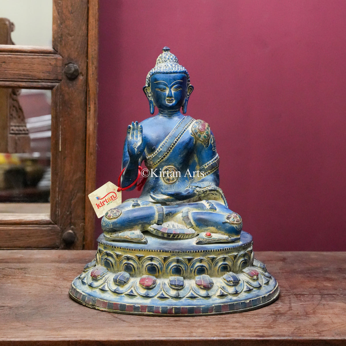 Lapis Blue Brass Buddha Statue with Gemstone Accents 13.5"
