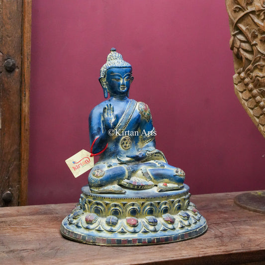 Lapis Blue Brass Buddha Statue with Gemstone Accents 13.5"