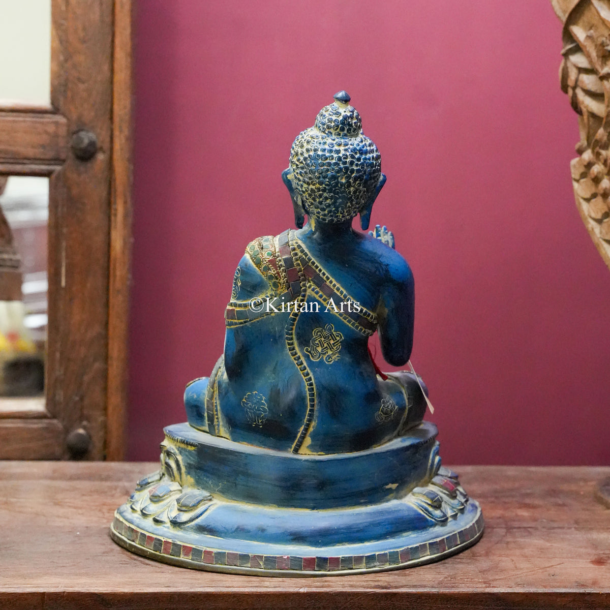 Lapis Blue Brass Buddha Statue with Gemstone Accents 13.5"