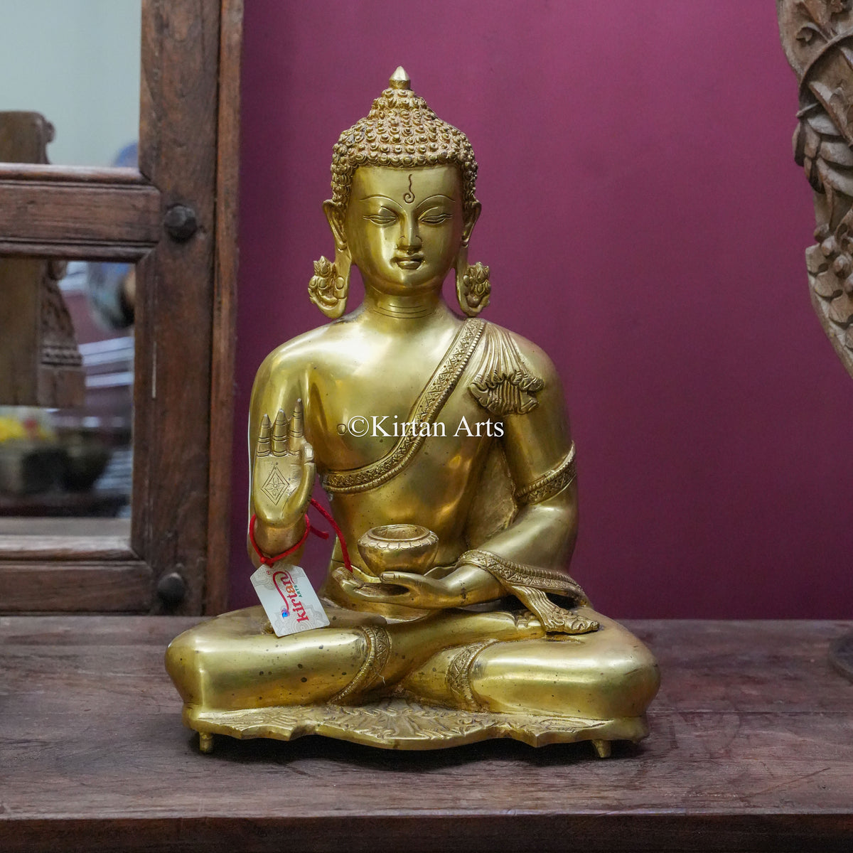 Polished Gold Brass Buddha Statue on Footed Base 16"