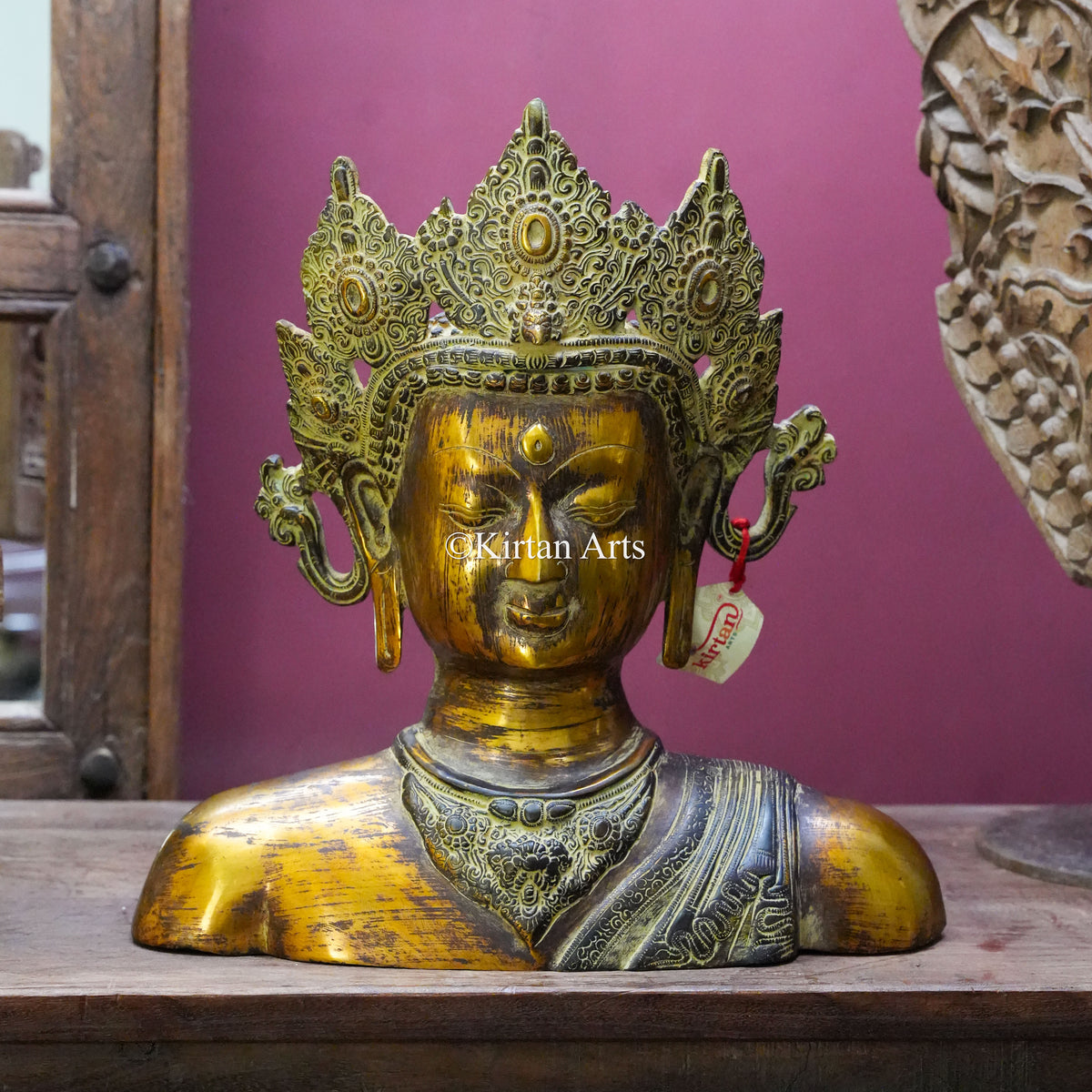 Antique Brass Crowned Buddha Bust 15"