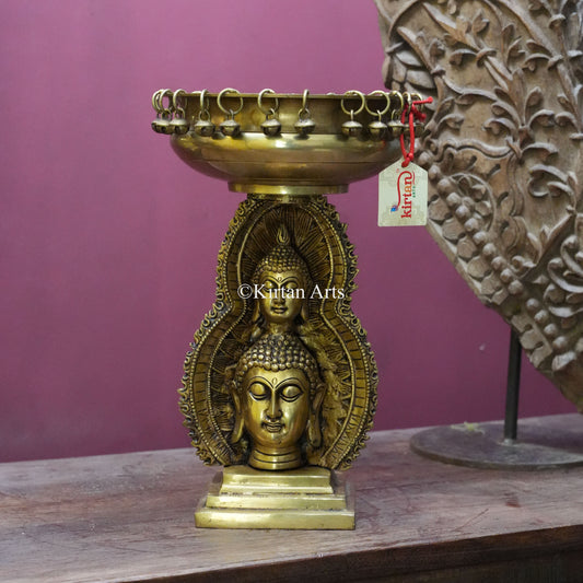 Brass Urli Bowl with Bells and Buddha Head Pedestal 13"