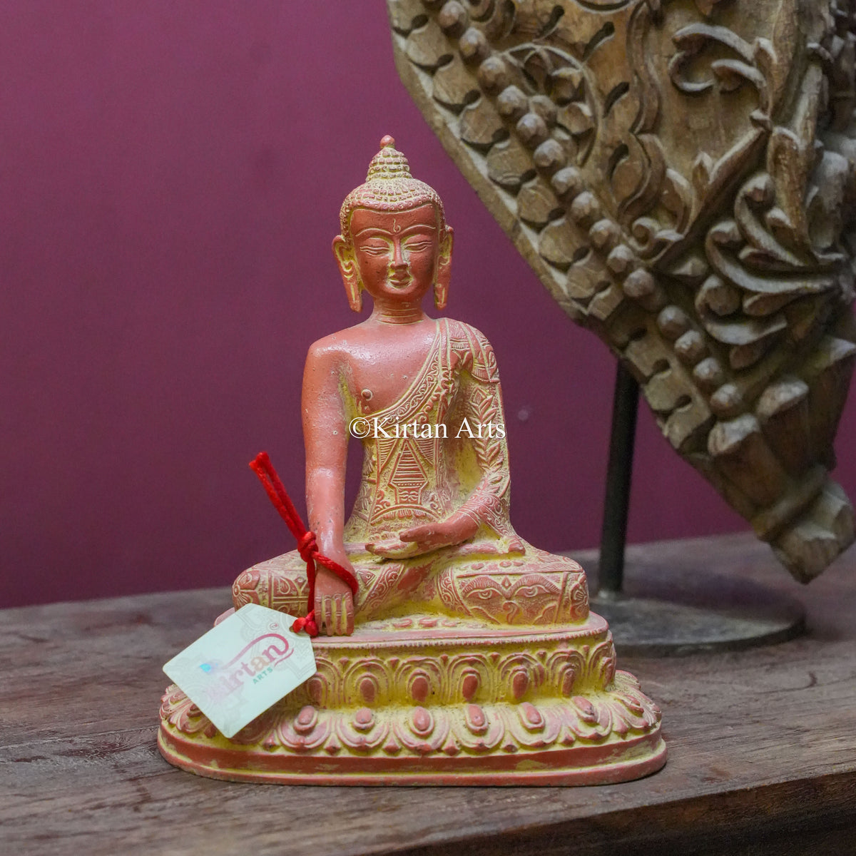 Coral-Painted Brass Buddha Statue in Earth-Touching Mudra 9"