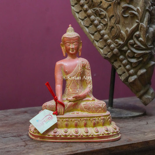 Coral-Painted Brass Buddha Statue in Earth-Touching Mudra 9"
