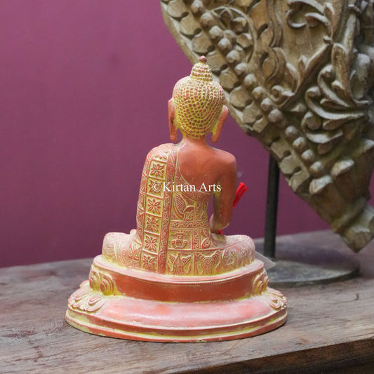 Coral-Painted Brass Buddha Statue in Earth-Touching Mudra 9"