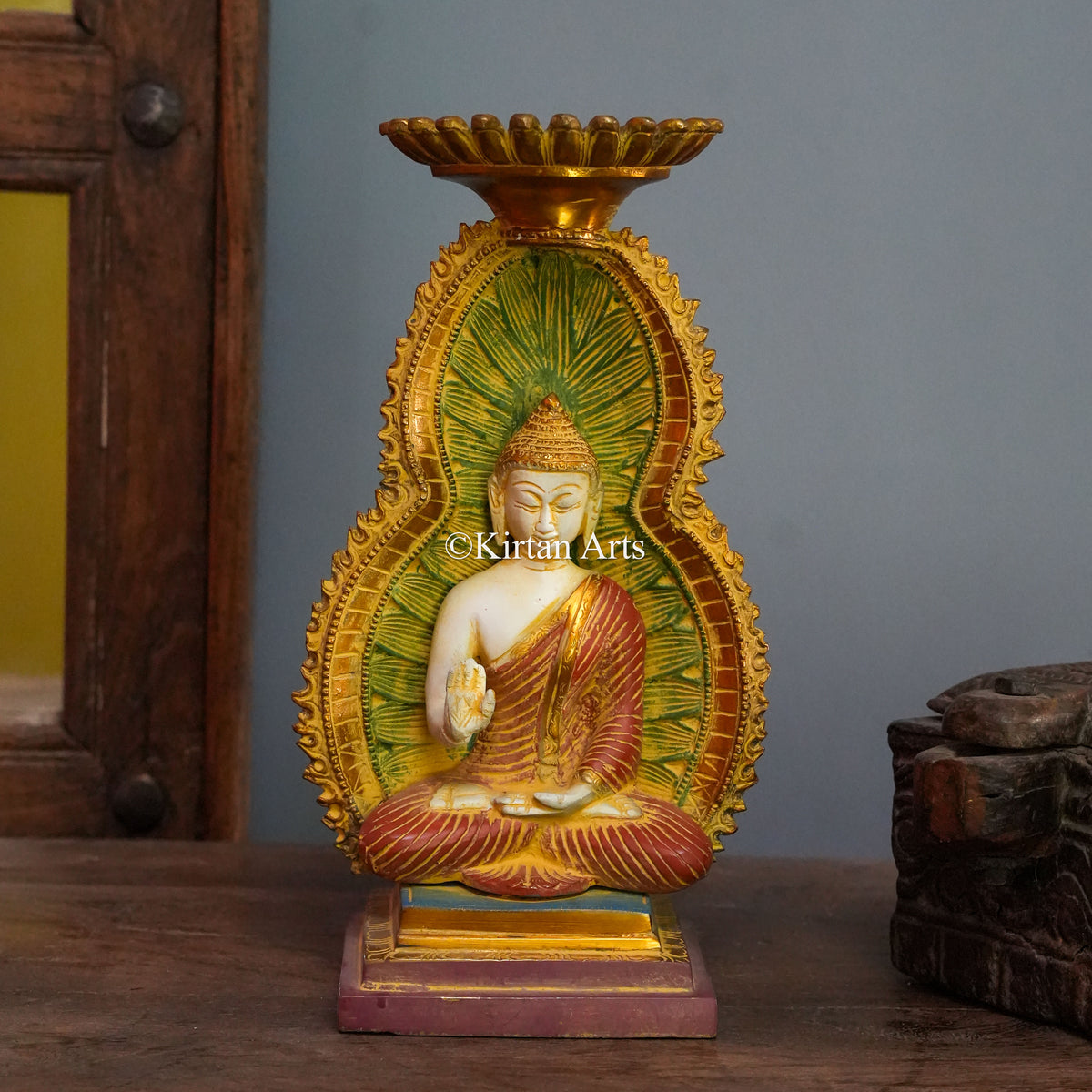 Hand-Painted Buddha Statue with Flame Aureole and Lotus Candle Plate 12"