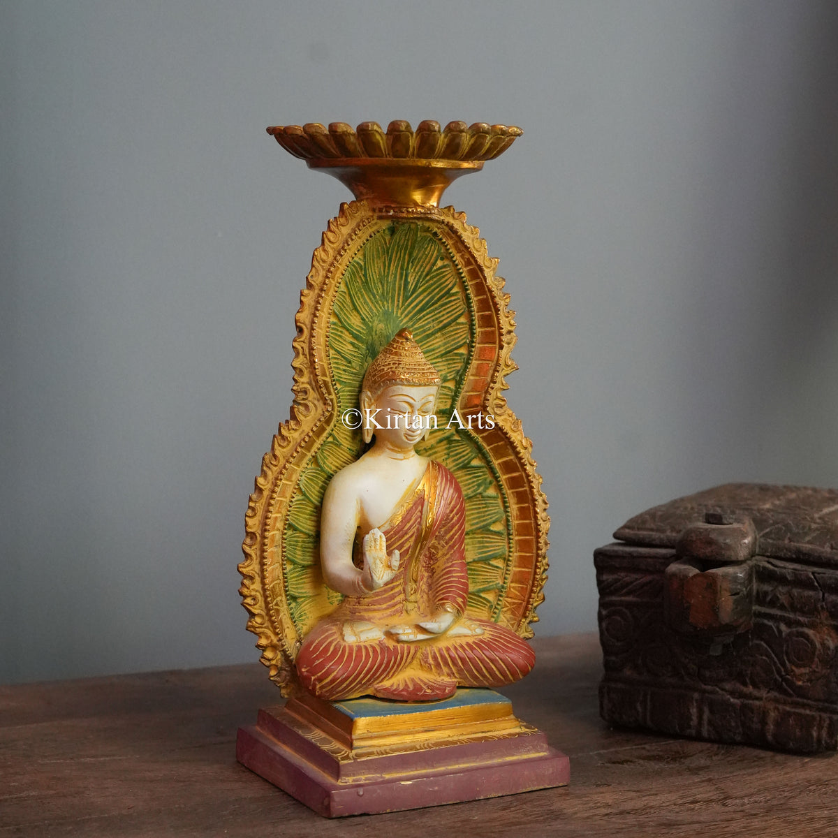 Hand-Painted Buddha Statue with Flame Aureole and Lotus Candle Plate 12"