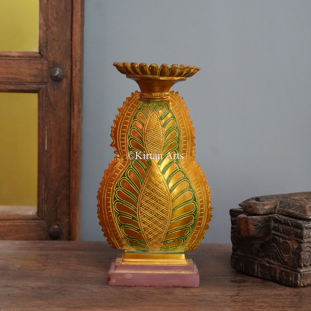Hand-Painted Buddha Statue with Flame Aureole and Lotus Candle Plate 12"