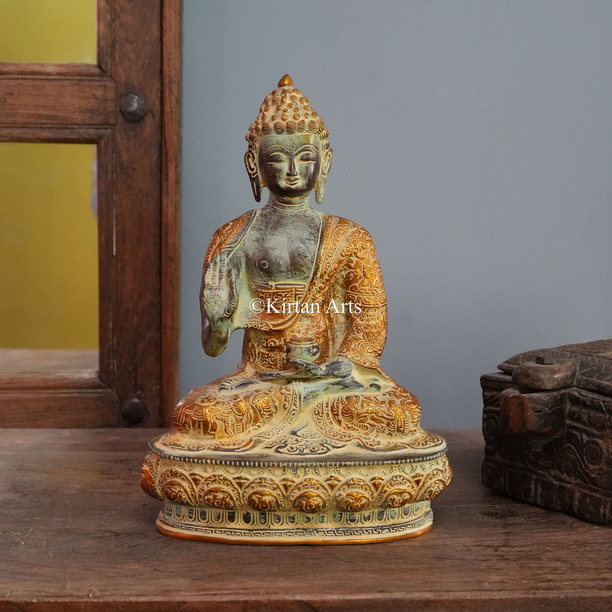 Verdigris Green Brass Buddha Statue with Narrative Robe Engraving 12"