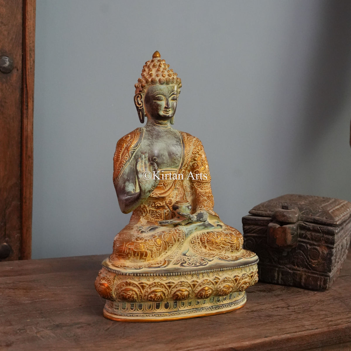 Verdigris Green Brass Buddha Statue with Narrative Robe Engraving 12"