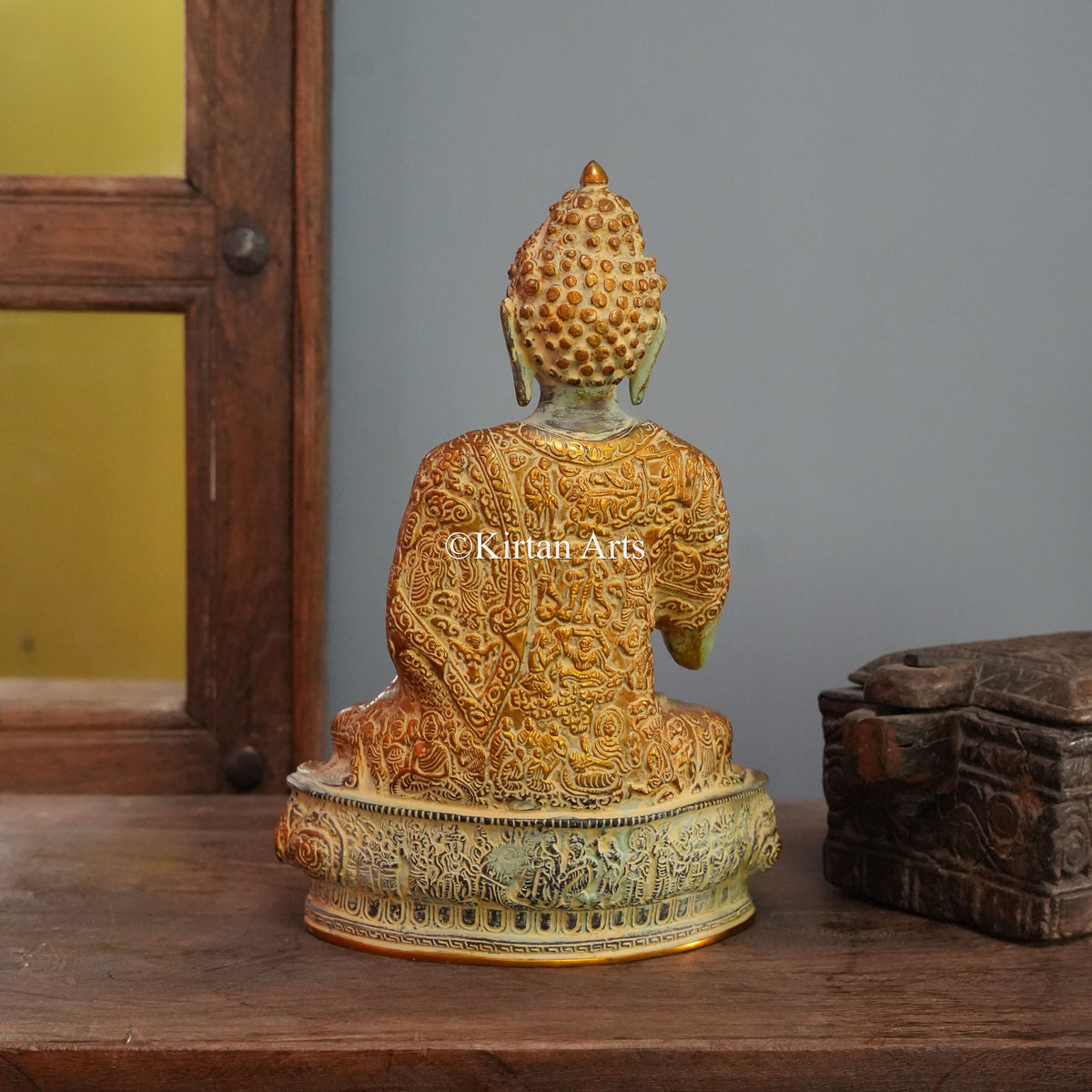 Verdigris Green Brass Buddha Statue with Narrative Robe Engraving 12"