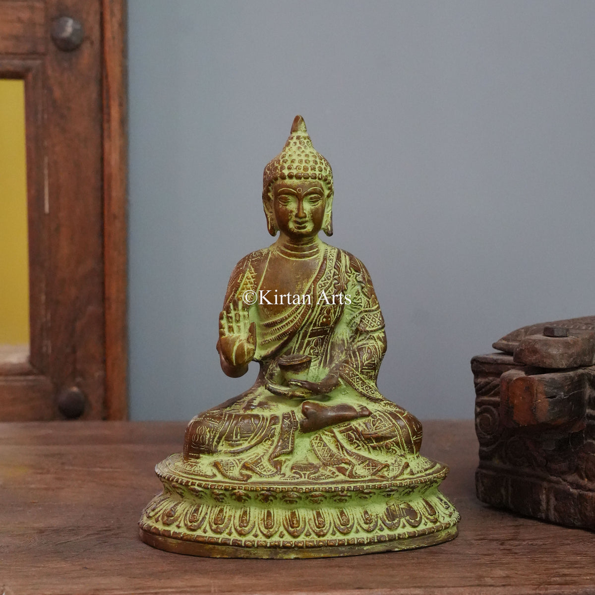 Antique Green Brass Buddha Statue with Engraved Robe 9"