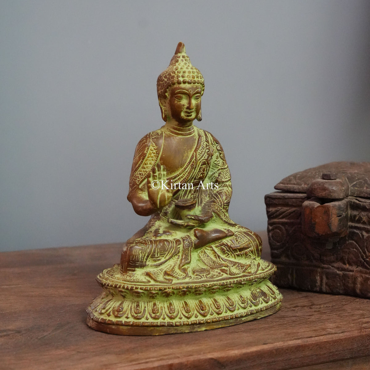 Antique Green Brass Buddha Statue with Engraved Robe 9"