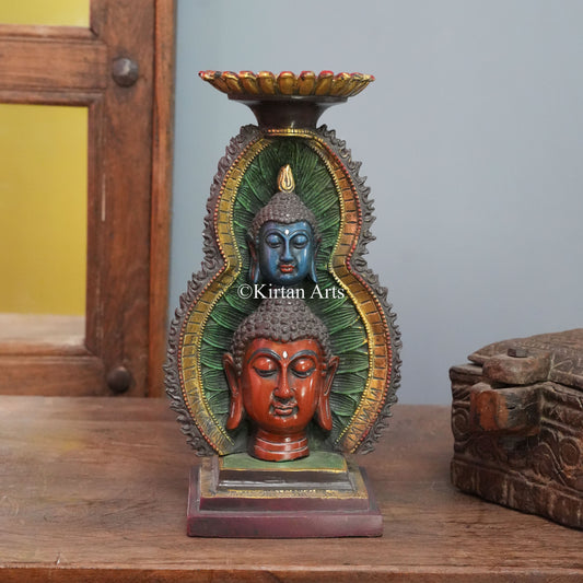 Hand-Painted Brass Double Buddha Head Candle Stand 12"