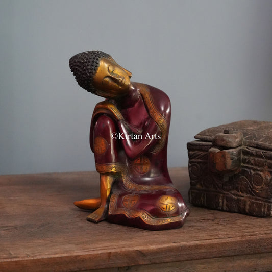 Modern Resting Buddha Statue in Maroon and Gold 10"