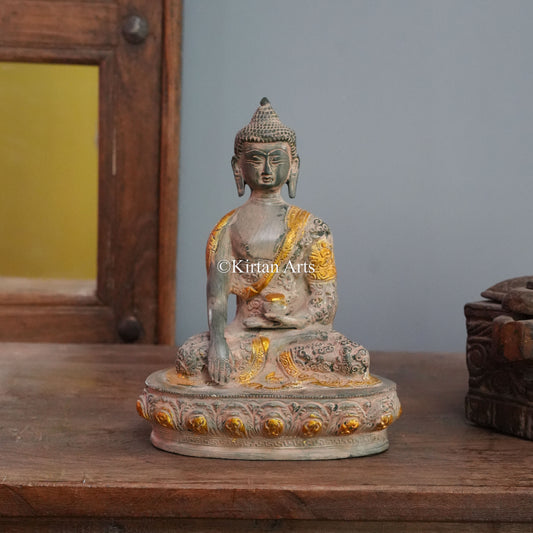 Weathered Stone-Finish Brass Buddha with Robe Engraving 9.5"