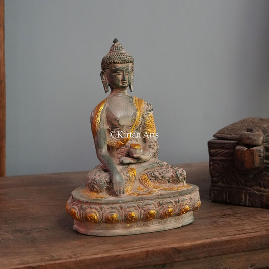 Weathered Stone-Finish Brass Buddha with Robe Engraving 9.5"