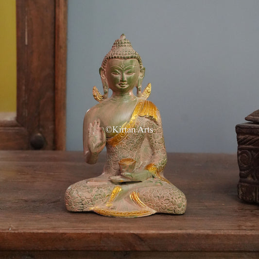 Sage Green Brass Buddha with Floral Engraved Robe 8"