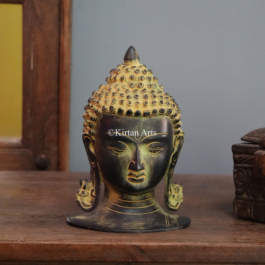 Textured Bronze Buddha Head Bust with Lotus Ear Ornaments 8"