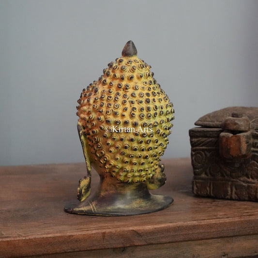 Textured Bronze Buddha Head Bust with Lotus Ear Ornaments 8"