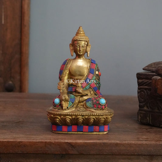Turquoise Mosaic Brass Buddha with Gemstone Inlay Robe 7"
