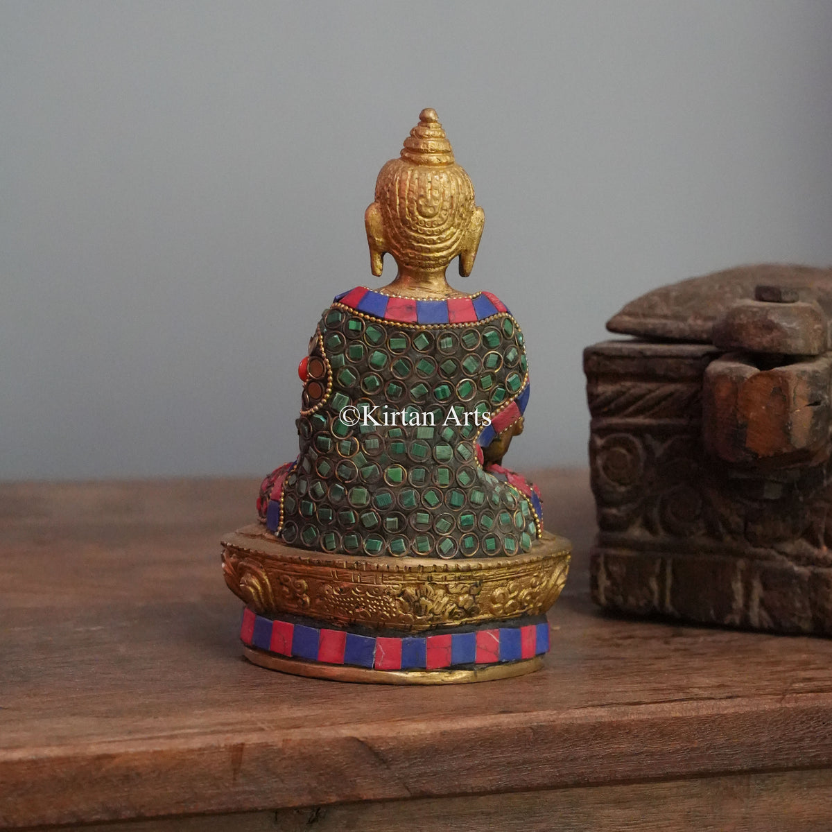 Turquoise Mosaic Brass Buddha with Gemstone Inlay Robe 7"