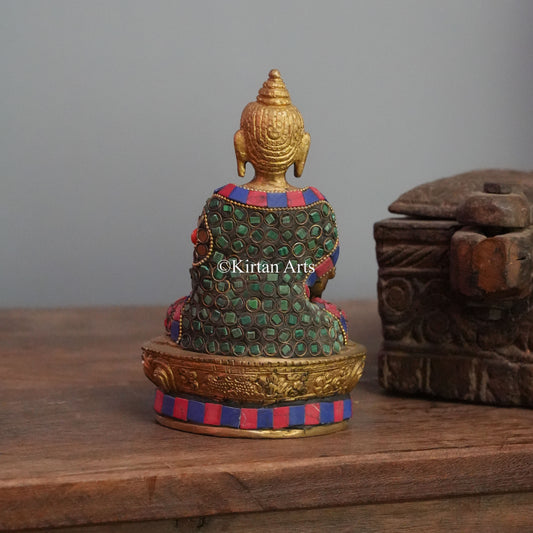Turquoise Mosaic Brass Buddha with Gemstone Inlay Robe 7"