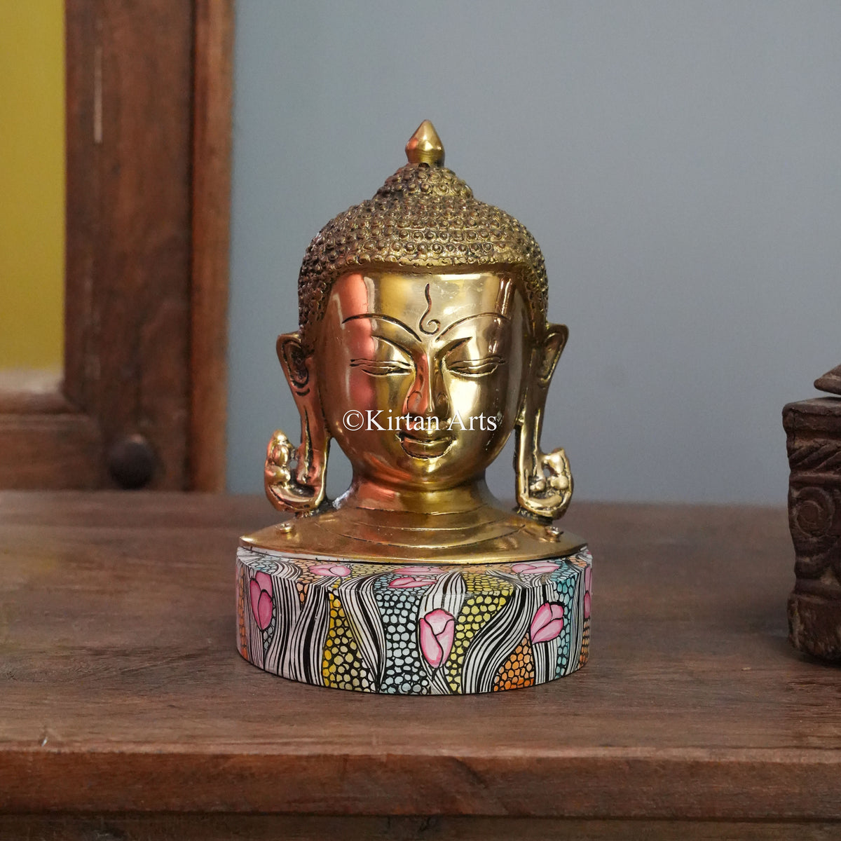 Buddha Head on Hand-Painted Lotus Base 7.5"