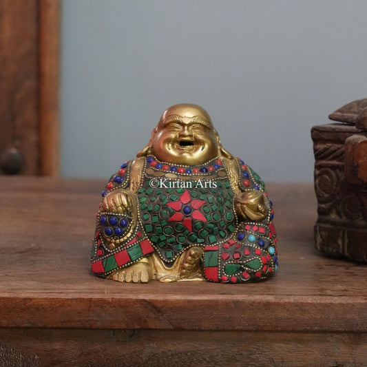 Laughing Brass Buddha with Gemstone Mosaic Robe 4.5"