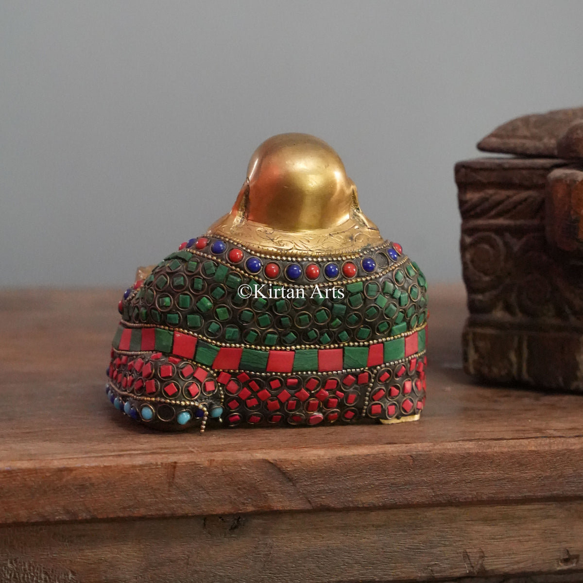 Laughing Brass Buddha with Gemstone Mosaic Robe 4.5"