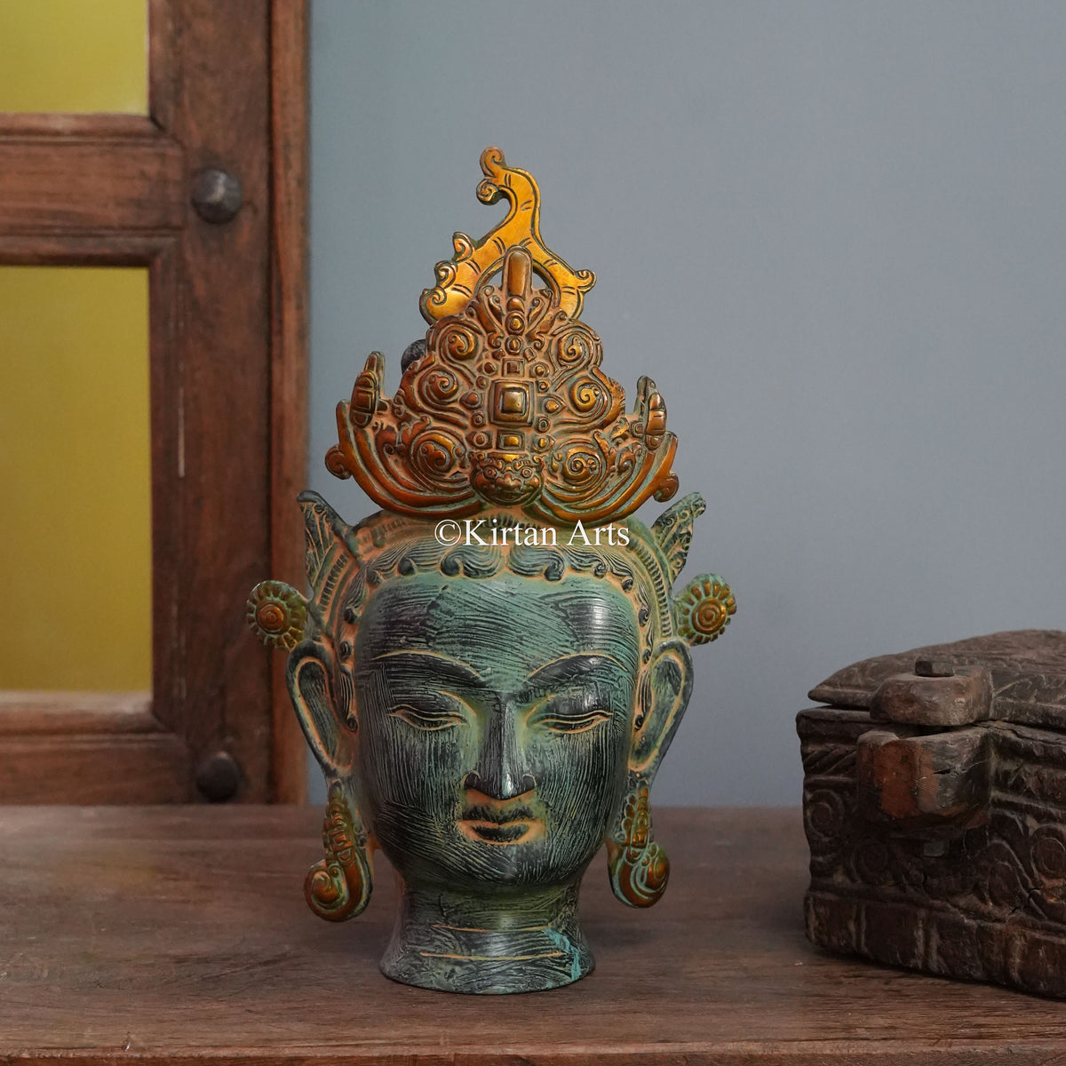 Verdigris Crowned Bodhisattva Head with Flame Crown 12"