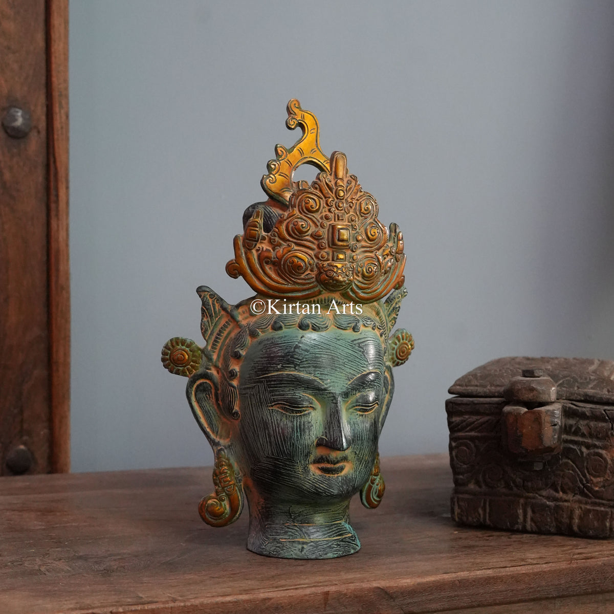 Verdigris Crowned Bodhisattva Head with Flame Crown 12"