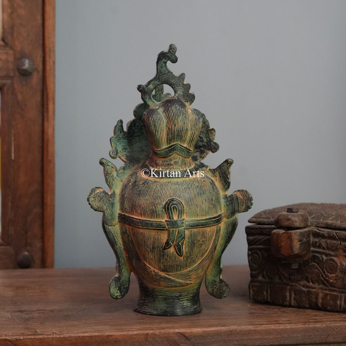 Verdigris Crowned Bodhisattva Head with Flame Crown 12"