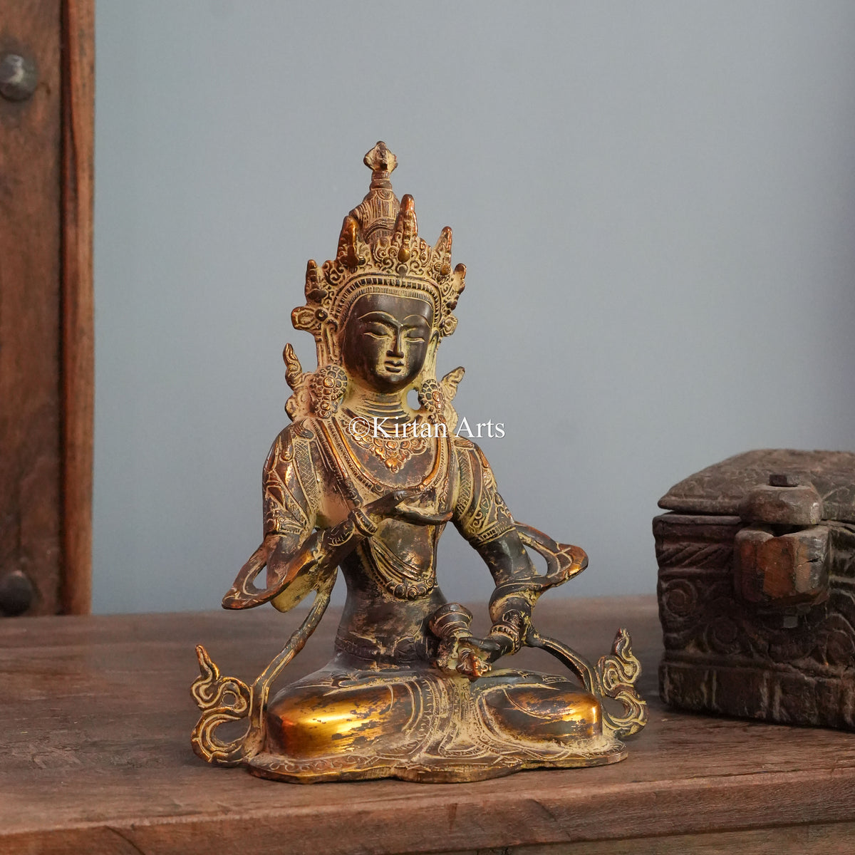 Crowned Brass Bodhisattva with Vajra and Bell 10.5"