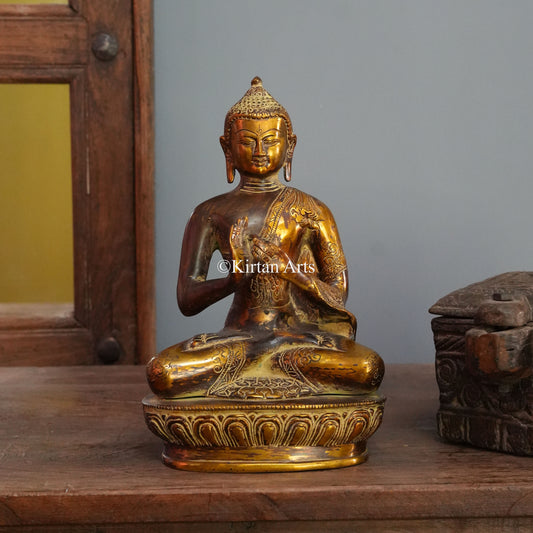 Antique Gold Brass Buddha with Dharmachakra Mudra 11"