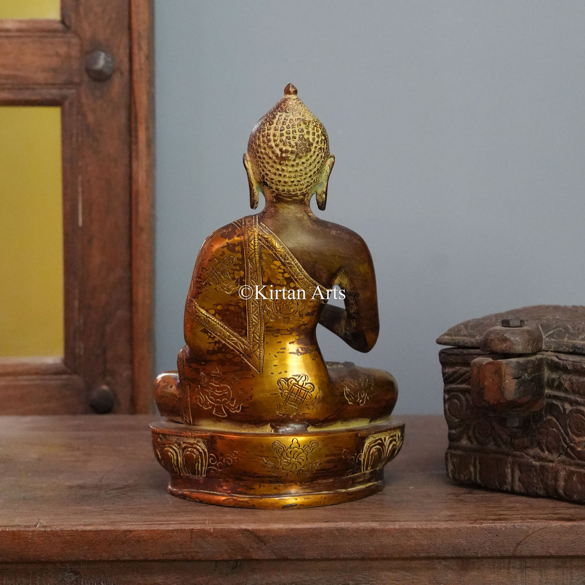 Antique Gold Brass Buddha with Dharmachakra Mudra 11"