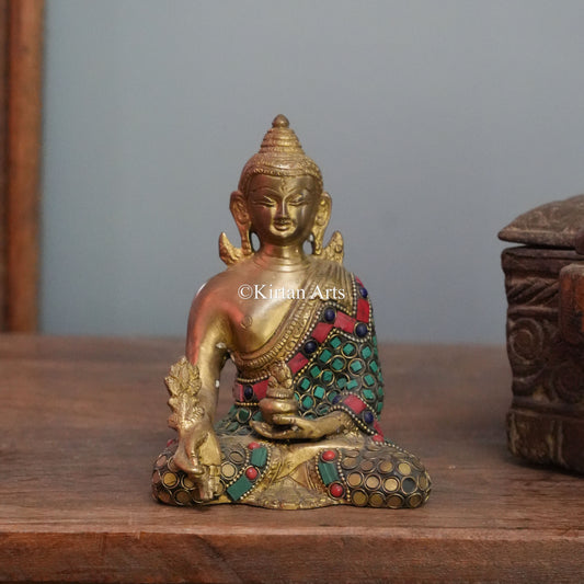 Mosaic Robe Brass Buddha with Myrobalan Sprig 6"