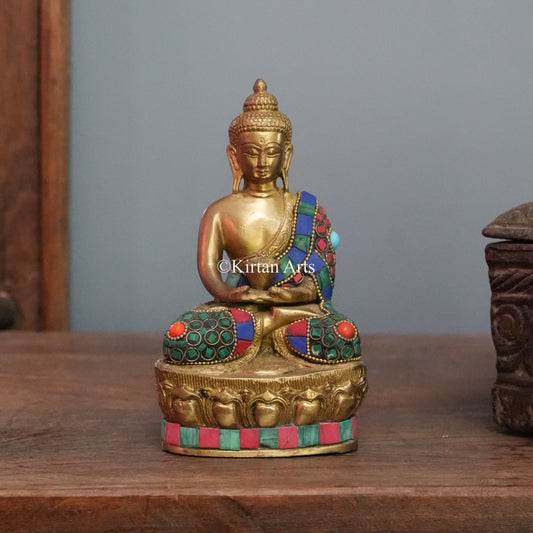 Brass Buddha with Stonework and Engraved Mantra Base 7"