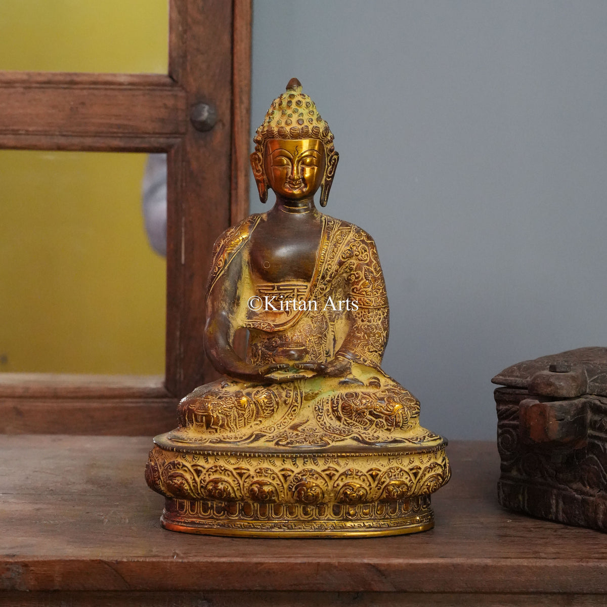 Grand Narrative Brass Buddha with Life-Story Engravings 13"
