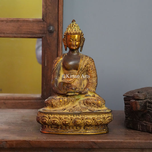 Grand Narrative Brass Buddha with Life-Story Engravings 13"