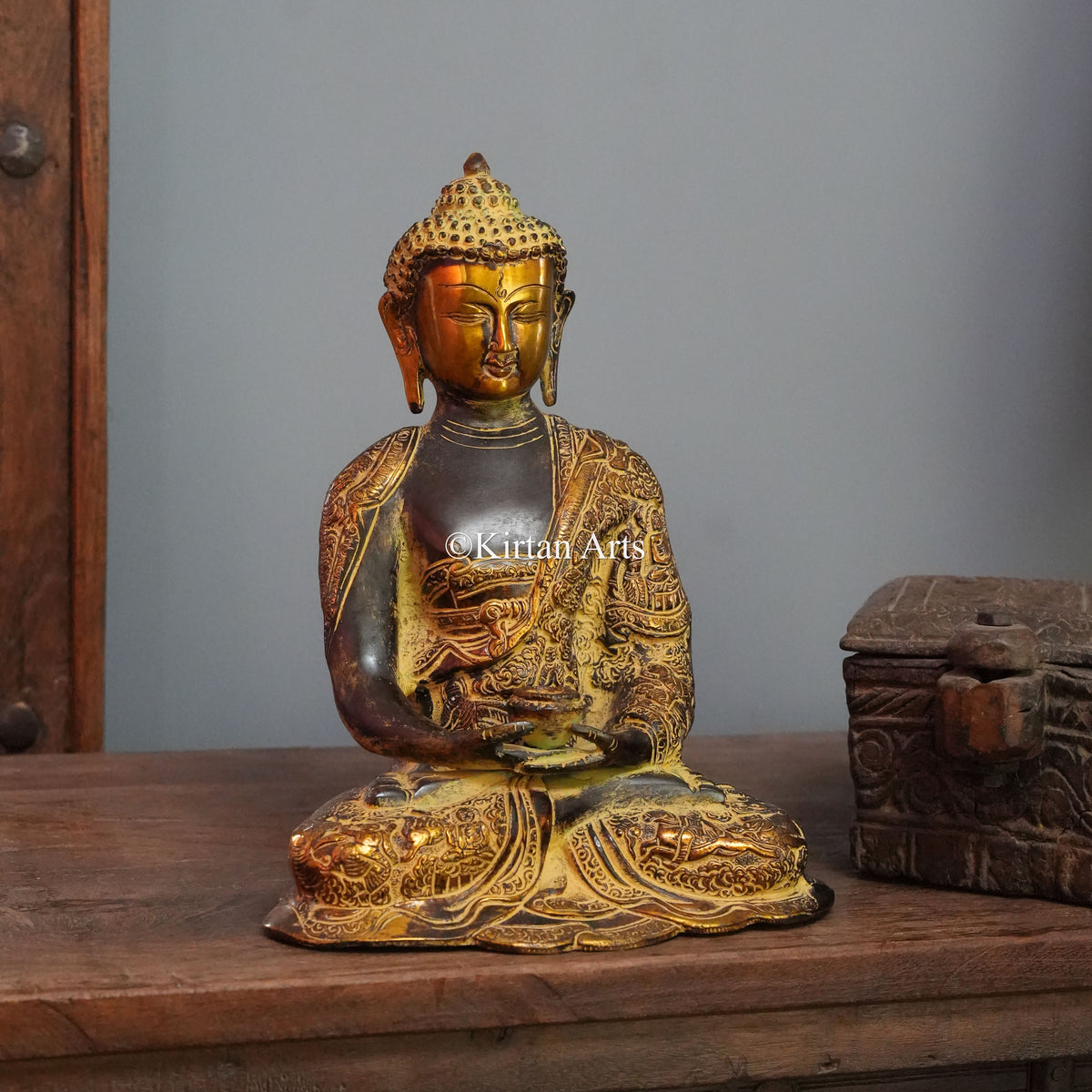 Antique Narrative Brass Buddha with Golden Face 12"
