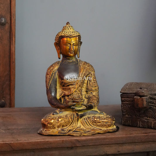 Antique Narrative Brass Buddha with Golden Face 12"
