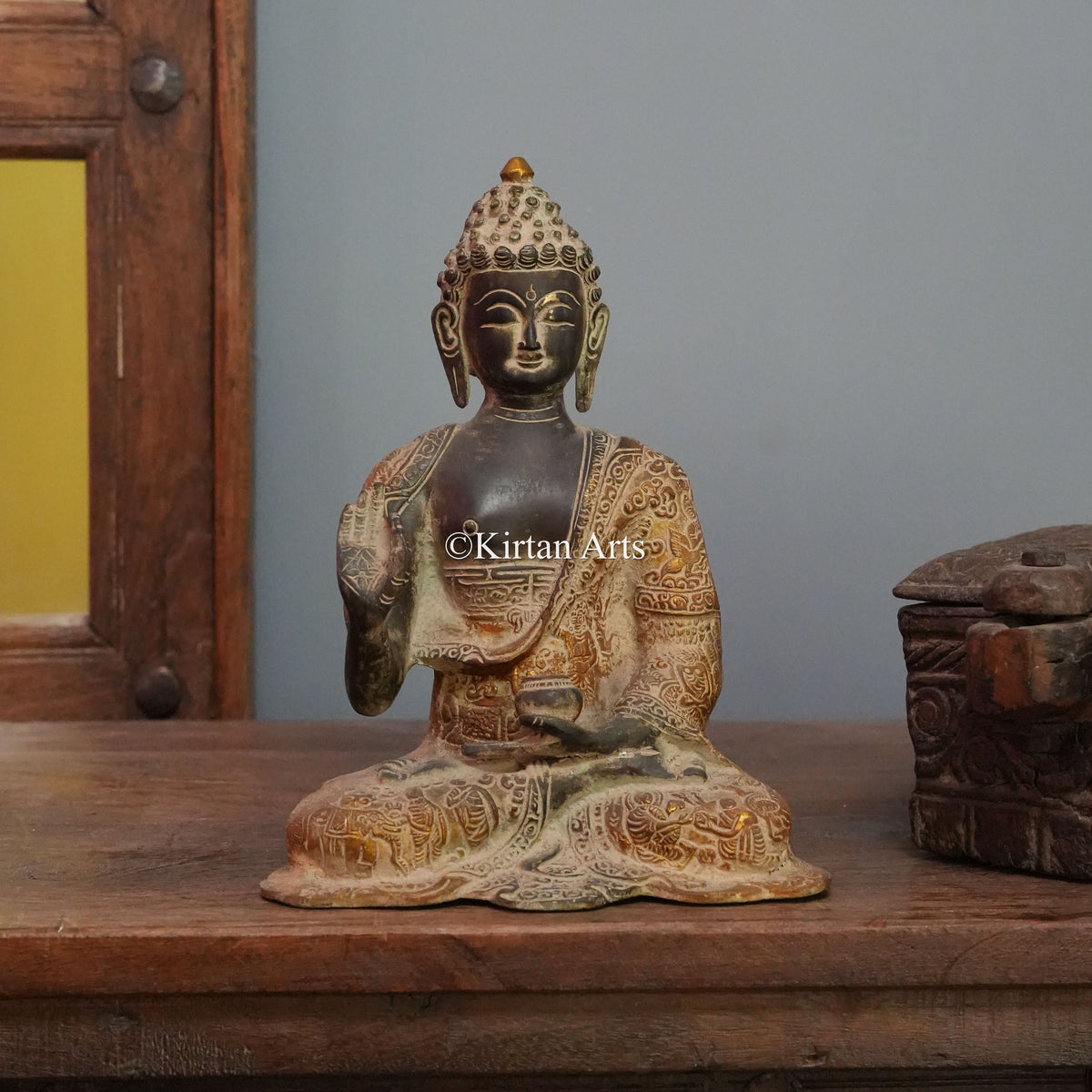 Weathered Brass Buddha with Narrative Engraving 10"