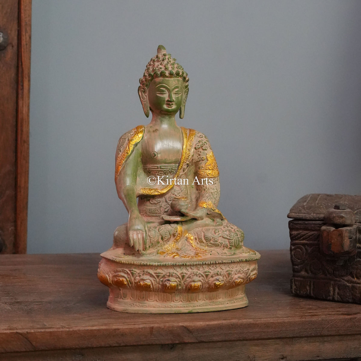 Sage Green Buddha with Gilded Robe Trim 12"