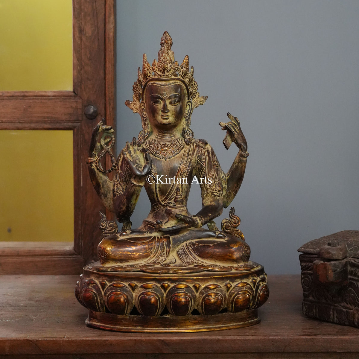 Four-Armed Crowned Brass Bodhisattva in Antique Bronze Finish 16.5"