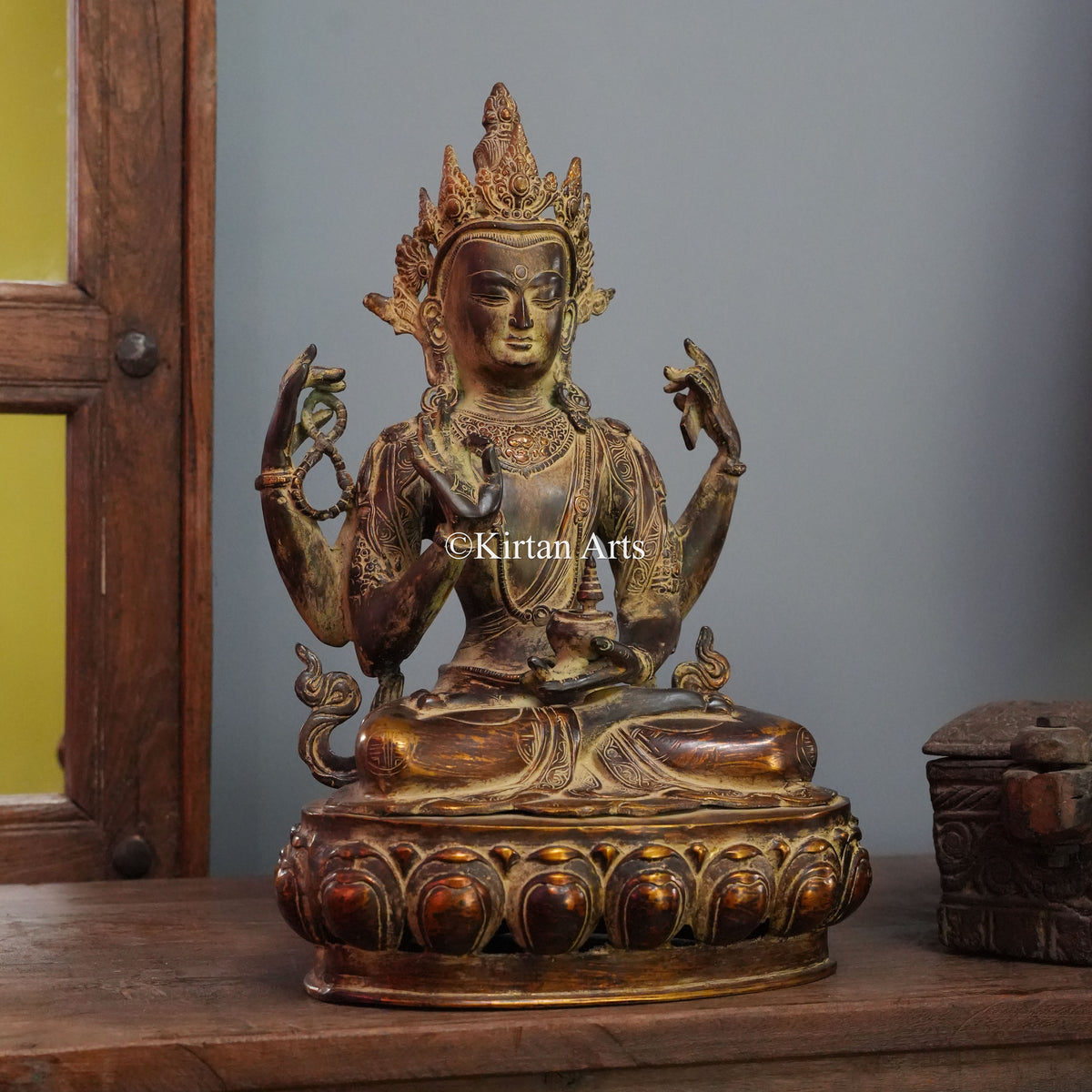 Four-Armed Crowned Brass Bodhisattva in Antique Bronze Finish 16.5"