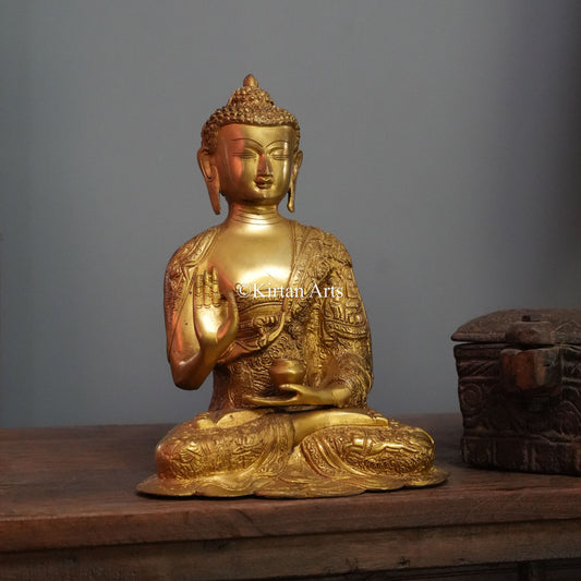 Polished Gold Brass Buddha with Vitarka Mudra and Narrative Robe 11.5"