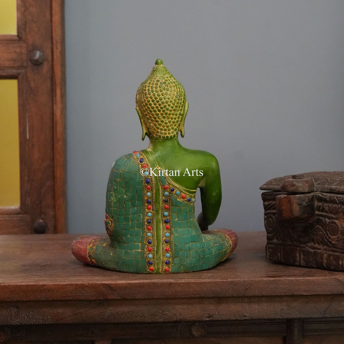 Emerald Green Brass Buddha with Mosaic Robe and Bhumisparsha Mudra 10"